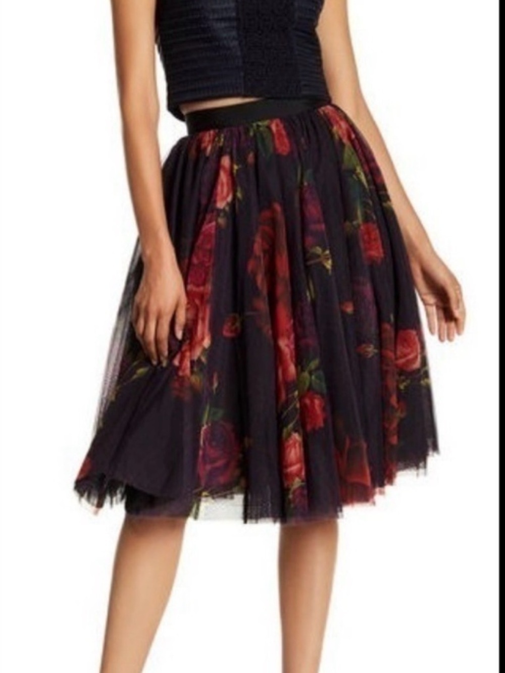 Ted Baker London Black Tulle Midi Skirt with Red Rose Print— NWOT— Size 2